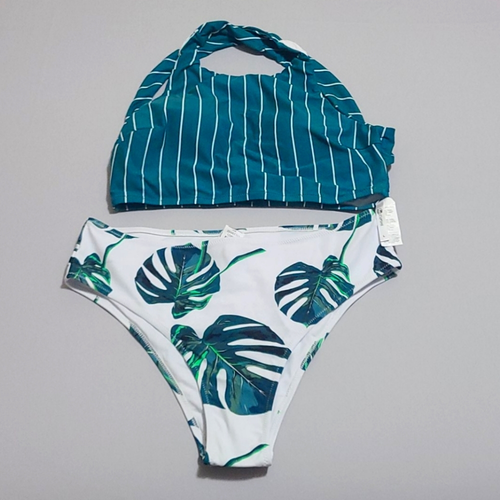 Teal Stripe & Leaves Bikini